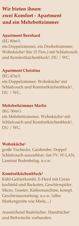 
 Wir bieten ihnen:
 zwei Komfort - Apartment
 und ein Mehrbettzimmer

 Apartment Bernhard
 (EG 80m2)
 ein Doppelzimmer, ein Dreibettzimmer,
 Wohnküche1 (bis 15 Pers.) mit Schlafcouch
 und Komfortküchenblock2, DU / WC,

 Apartment Christine
 (EG 47m2)
 ein Doppelzimmer, Wohnküche1 mit
 Schlafcouch und Komfortküchenblock2,
 DU / WC,

 Mehrbettzimmer Marlis
 (KG 50m2)
 ein Mehrbettzimmer, Wohnküche1 mit
 Schlafcouch und Komfortküchenblock2,
 DU / WC,


 Wohnküche1
 große Tischecke, Garderobe, Doppel
 Schlafcouch ausziehbar, Sat-TV, W-LAN,
 Laminat Bodenbelag, u.s.w. 

 Komfortküchenblock2
 Kühl-Gefrierkombi, E-Herd mit Ceran
 kochfeld und Backofen, Geschirrspüler,
 Micro, Toaster, Kaffeemaschine, kompl.
 Geschirrausstattung, u.s.w. (alles
 Markengeräte wie Miele,...)

 Ausreichend Badetücher, Handtücher
 und Bettwäsche vorhanden.





